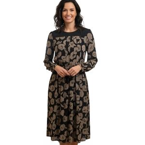 Nipon Boutique Vintage Black Tan Floral 100% Silk Pleated Midi Dress Size 4